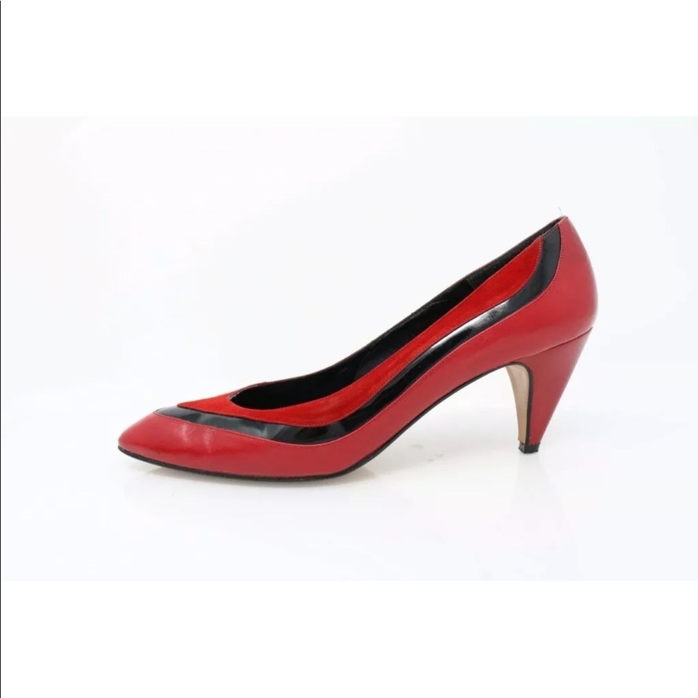 VTG Palizzio Italian Red Black Leather Suede Pointed Toe Low Kitten Heel Pump 9N - Picture 9 of 16